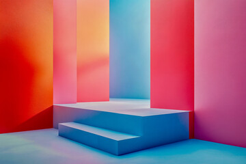 Obraz premium Brightly colored walls in shades of red, pink, and blue create an engaging abstract space featuring steps leading into the vibrant scene