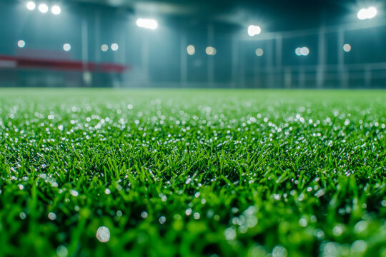 Vibrant green grass glistens with dew on a soccer field, illuminated by bright lights during an evening match
