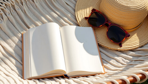 Open book on hammock with straw hat and sunglasses for summer relaxation, perfect summer relaxation concept. Leisure reading, summer relaxation,