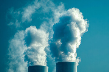 Two cooling towers release thick clouds of vapor into a clear blue sky, highlighting the industrial landscape and environmental impact