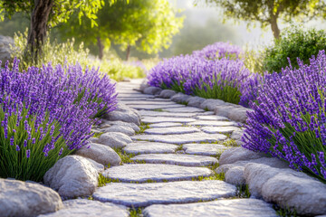 A peaceful stone path winds through vibrant lavender flowers in a garden, illuminated by gentle morning light and soft fog