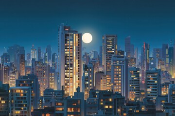 Obraz premium Moonlit Urban Landscape: Illustrated Cityscape at Night with Modern Architecture and Vibrant Downtown Vibes