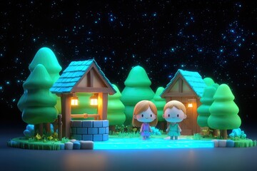 Playful scene featuring two cheerful characters by cozy houses u