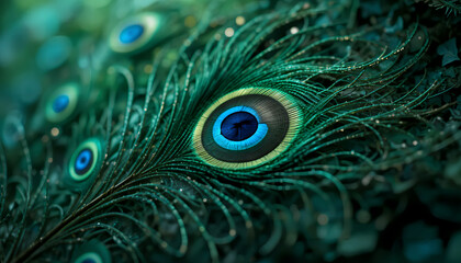 Close-up of vibrant peacock feathers featuring eye-catching turquoise and deep blue eyespots. The texture is detailed, evoking elegance and natural beauty.