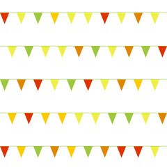 Abstract colorful pattern. Seamless print composed of red, orange, yellow, green flags on white background. Festive garland of triangle flags