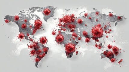 World Map Illustration Featuring COVID-19 Updates with Red Virus Icons on the Right, Set Against a Gray Global Background