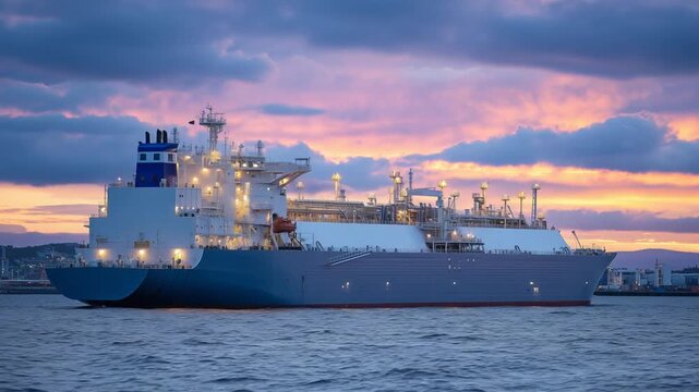 A majestic LNG carrier moored at dusk, with glowing industrial pipelines and loading arms, reflects sunset hues on tranquil sea ripples.