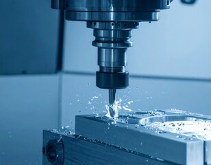 Precision metalworking operation in progress, showcasing a high-speed CNC milling machine drilling a metal workpiece.