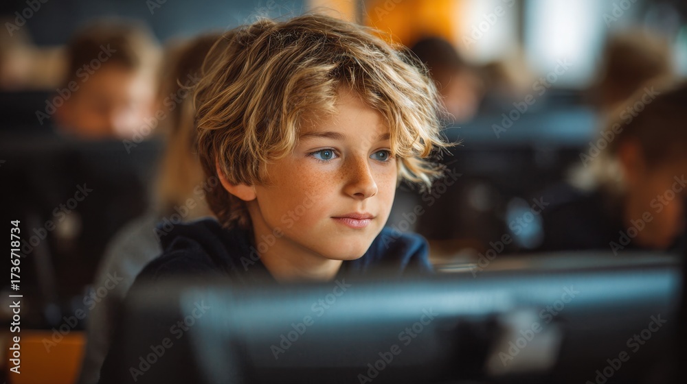 Wall mural young learner engaged in digital education: schoolboy using computer in modern science classroom for