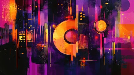 Abstract Cityscape: Geometric Forms in Vibrant Orange, Purple, and Black