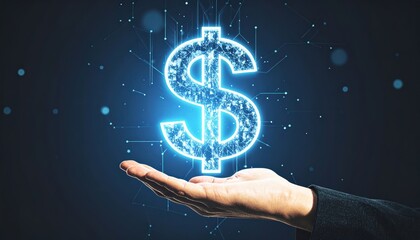 Futuristic digital dollar sign, held above hand on dark background. Fintech, blockchain, finance, investment, cryptocurrency, virtual money, online banking, business and economic future.