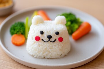 Healthy kids lunch with rice bear and vegetable accents on ceramic plate wooden table
