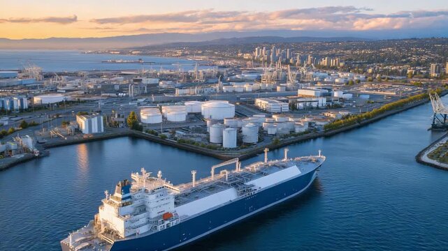 Stunning aerial view of an LNG port at golden hour, showcasing a moored tanker and sprawling terminals with long shadows over reflective waters.