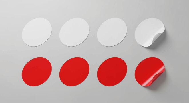Blank Round Circle Stickers on a Light Gray Background with a Subtle Shadow and One Peeling Sticker to Showcase its Adhesive Nature