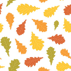 Abstract botanical pattern. Seamless print composed of green, yellow, red, orange silhouette of leaves of oak on white background. Botanical colorful background.