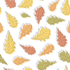 Abstract botanical pattern. Seamless print composed of red, green, yellow, orange silhouette of leaves of oak with black line vein on white background. Botanical colorful background.