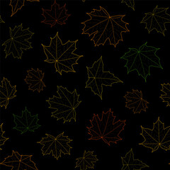 Abstract botanical pattern. Seamless print composed of green, red, yellow, orange line leaves of maple on black background. Botanical colorful background.