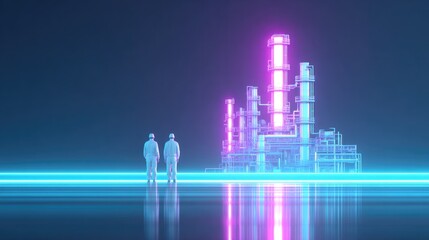 Futuristic landscape with glowing structures and silhouettes exp