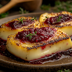 Savory cheese dessert with cranberry sauce on a rustic plate  