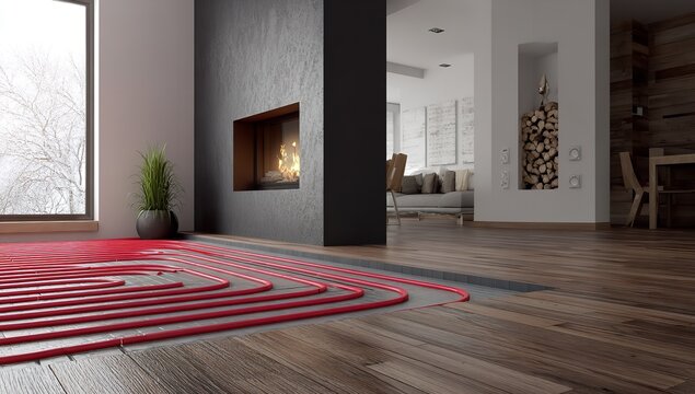 Modern home comfort achieved with efficient underfloor heating system installed before beautiful hardwood floors and cozy fireplace glow