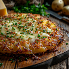 Crispy cheese potato cake garnished with chives on wooden board  