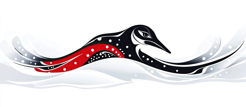 Elegant Indigenous-Style Loon with Red Markings Gliding on Abstract Waves
