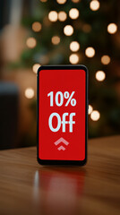 Smartphone displaying 10% off sale on red background with lights  