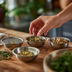 Hand selecting spices in bowls on wooden kitchen countertop  