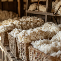 Baskets of raw wool displayed on wooden shelves in rustic setting  
