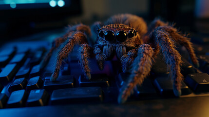Spider sitting on computer keyboard in dark room with blue lighting  