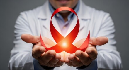 Man medical doctor holding red ribbon in palm. World AIDS Day healthcare symbol. Medical support for global awareness.