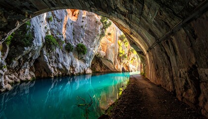 Naklejka premium Serene waterway winding through a natural stone tunnel, showcasing vibrant turquoise water reflecting the surrounding cliffs.