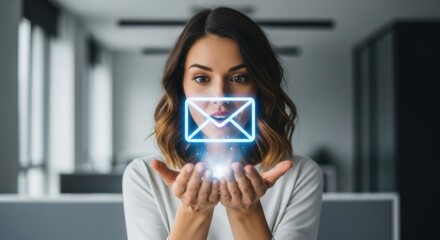 Woman holding glowing email icon. Communication technology concept with digital message symbol. Future virtual connection and contact.