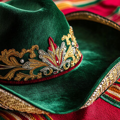 Traditional green sombrero with intricate embellishments on colorful fabric  