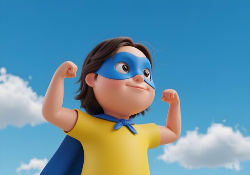 Cartoon superhero child with Down syndrome raising fists in confident pose wearing cape and gloves under blue sky with white clouds