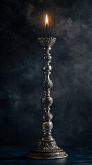 Elegant silver candlestick with a lit candle against dark background  