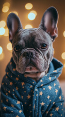 French Bulldog wearing star-patterned hoodie with warm bokeh background -  