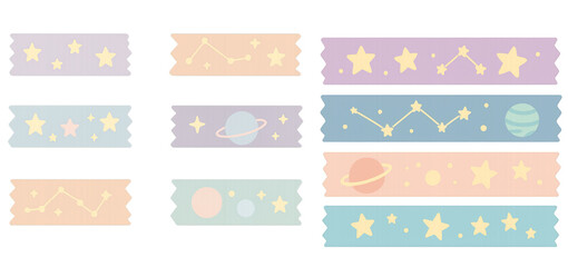 Colorful celestial decorative ribbons with stars, planets, and constellations displayed on a light background