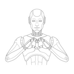 Advanced humanoid robot creating a heart gesture with its hands, showcasing future technology and compassionate AI.
