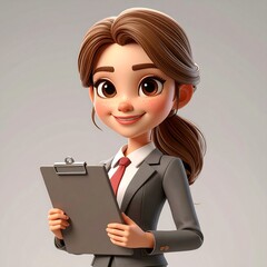 Animated Businesswoman with Clipboard and Red Tie, Smiling