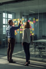 Fototapeta premium Colleagues Discussing Ideas in Office with Sticky Notes on Glass Wall
