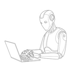 Modern humanoid robot diligently working on a laptop, symbolizing advanced AI, future technology, and automation.