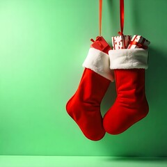 hanging red christmas stockings filled with gifts, copyspace, green background.