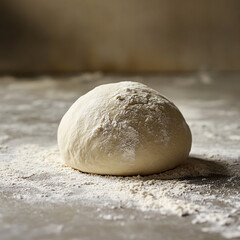 Fresh dough resting on flour-covered surface in kitchen environment  