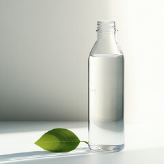 Clear glass bottle with water and green leaf on white background  