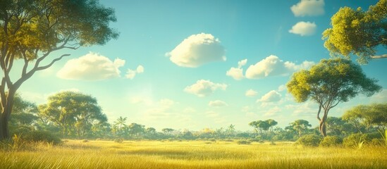 Obraz premium Golden Savannah Vista: Trees, Grassland, and Azure Sky with Clouds