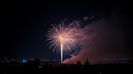 Night Sky Fireworks with Glowing City Silhouette