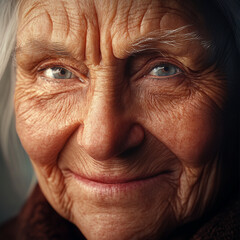 Elderly woman smiling with blue eyes and wrinkles indoors  