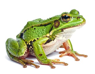 Obraz premium Close-up of a vibrant green frog with intricate patterns, showcasing detailed skin textures and bright eyes against a plain white background.
