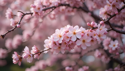 Close-up of blooming cherry blossoms with soft pink petals clustered on delicate branches. The background is blurred, creating a serene, springtime atmosphere.